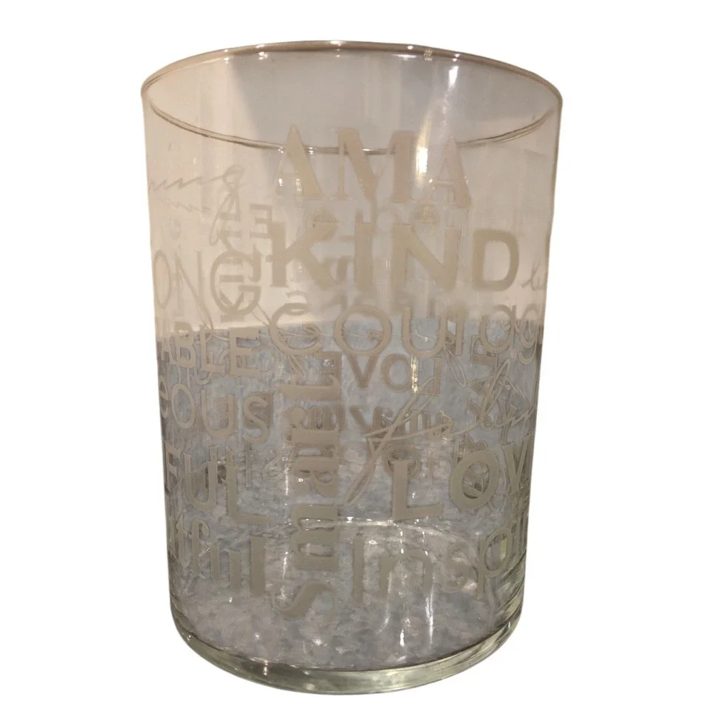 Inspirational‎ Etched Glass Cylinder Vase Candle Holder Kind Brave Strong 7.5x6
